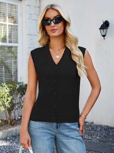Bellcoco Womens Sleeveless V Neck Sweater Vest Crochet Knit Summer Tops Button Down Spring Cardigan Casual Outfits 2026 Black S - Thumbnail 2