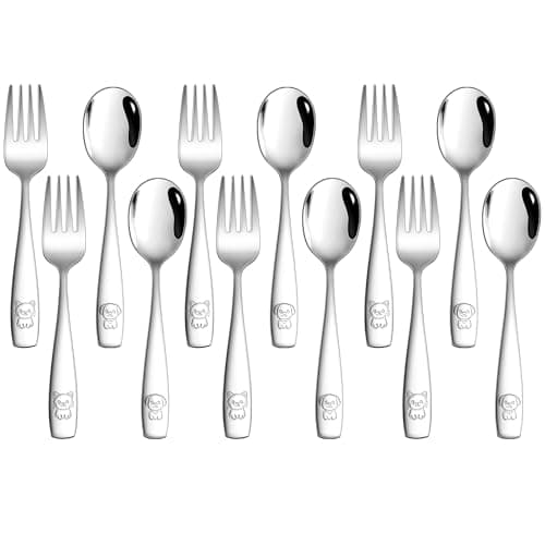 LIANYU 12 Pieces Kids Silverware Set, Stainless Steel Toddler Utensils, Food Grade Toddler 6 Forks and 6 Spoons for Self-Feeding, Metal Kids Cutlery Set with Cute Pattern, Dishwasher Safe - Image 1