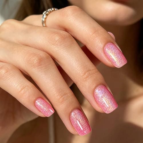 GLAMERMAID Laser Hot Pink Short Press on Nails, Aurora Cat Eyes Handmade Extra Short Squoval Glue on Nails for Women, Summer Square Soft Gel Fake Nails, Round Reusable Acrylic False Nail Kit for Women - Thumbnail 6