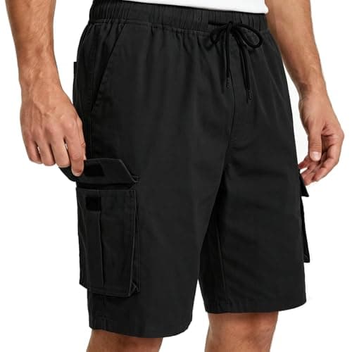 Msmsse Mens Elastic Waist Shorts Cotton Casual Relaxed Fit Multi-Pocket Outdoor Cargo Shorts for Men Black US 32 - Thumbnail 4