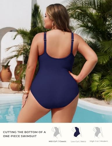 Hanna Nikole High-Elastic Mesh Fabric at the Waist Tummy Control Swimsuits for Women,V-Neck Bathing Suit Navy Blue 22W - Thumbnail 2