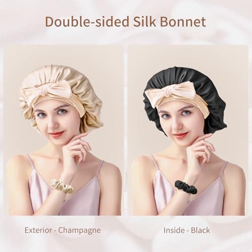 SILMANA Silk Bonnet for Sleeping Women, 22 Momme 100% Mulberry Silk Sleep Cap with 2 Matching Silk Scrunchies, Double-Sided Wearable Hair Bonnet for Night Hair Care and All Hair Types - Light Gold - Thumbnail 6