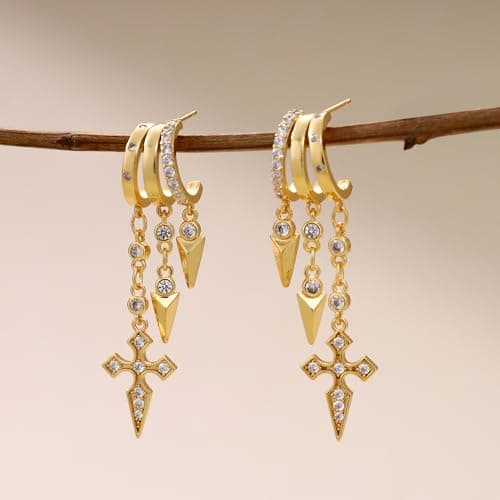 Gold Dangle Earrings for Women, 14k Gold Plated Statement Triple Hoop Illusion Gold Cross Earrings Cubic Zirconia Huggie Earrings for Women Trendy - Thumbnail 5