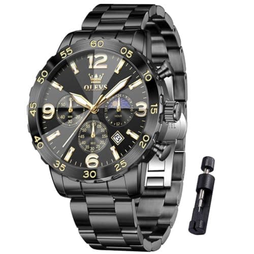 OLEVS Watch Men Black Watches for Men Luxury Fashion Arabic Numerals Chronograph Mens Watches Dress Stainless Steel Waterproof Luminous Large Wrist Watch for Man Date Moon Phase Relojes para Hombres - Image 1