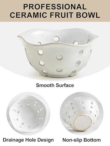 Gomakren Fruit Basket Set of 2, Ceramic Fruit Bowl Berry Basket with Holes, 7.6 Inch Fruit Containers Colander for Fridge - Farmhouse Kitchen Decor, White - Thumbnail 4