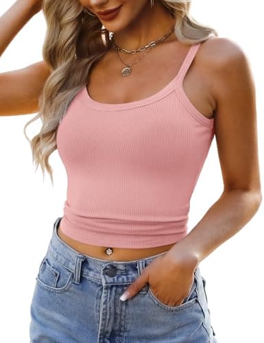 GKBK 2 Pack Womens Sleeveless Tank Top Form Fitting Spaghetti Strap Scoop Neck Ribbed Knit Workout Lounge Basic Slim Fitted Crop Summer 2026 Cami Layering Casual Shirts Pink Red M - Thumbnail 4