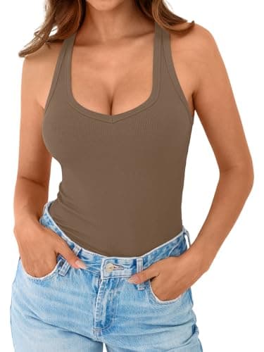 GKBK Womens Sleeveless Tank Top Form Fitting Spaghetti Strap V Neck Ribbed Knit Workout Lounge Basic Slim Fitted Crop Summer 2025 Cami Layering Casual Shirts Brown M - Thumbnail 5