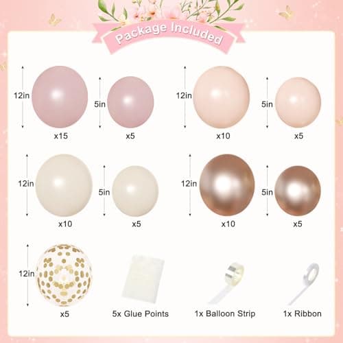 Dusty Pink and Gold Birthday Decorations for Women Girls, Dusty Pink Blush Rose Gold Sand White Gold Foil Confetti Balloons Happy birthday Banner Gold Butterfly Fringe Curtains Birthday Decorations - Thumbnail 2