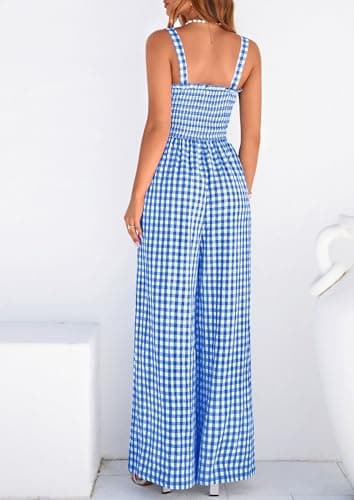 PRETTYGARDEN One Piece Jumpsuits for Women Casual Summer Cruise Outfits 2026 Spring Fashion Smocked Wide Leg Gingham Rompers (Blue,XX-Large) - Thumbnail 4