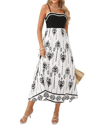 Casual Summer Dress for Women 2026 Color Block Floral Spaghetti Strap Maxi Dress Black White XXL - Image 1