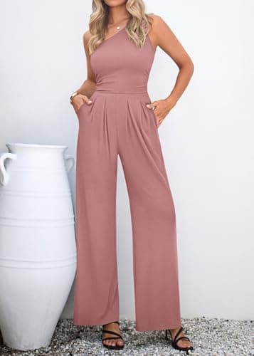 KIRUNDO One Shoulder Jumpsuits For Women Dressy Summer Formal One Piece Ribbed Wide Leg Romper Pockets Cocktail Party Outfits(Pink, Large) - Thumbnail 6