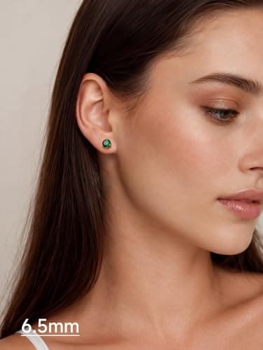 Justbeingcute Emerald Green Earrings For Women 6.5mm May Emerald Stud Green CZ 925 Sterling Silver Gold Plated Hypoallergenic Classic 1ct Studs Great Birthday Gift for Wife/Mom/Grandma - Thumbnail 2