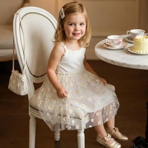 Toddler Girl White Daisy Dress Tulle Layered Easter Sundress Boutique Floral Party Outfit for Little Girls Summer Sleeveless 4-5T - Thumbnail 4