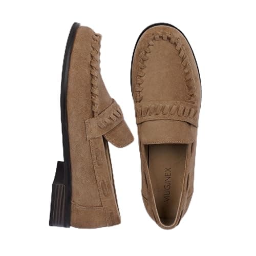 VIUGJNEX Suede Tan Penny Loafers Women Comfortable Dressy Shoes Slip On Loafers for Women with Woven Strap Detail Size 9 - Image 1