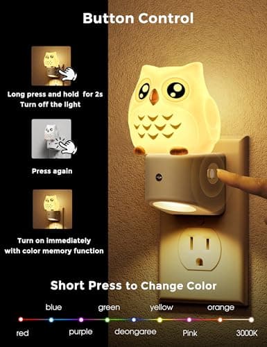 L LOHAS LED Night Light for Kids, 3D Owl Night Light Plug in, Dusk to Dawn Nursery Night Lights, RGB+Soft White 3000K, 3 Lighting Modes, Room Decor, Children - Thumbnail 3