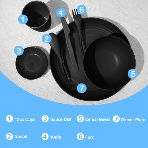 Wrova Wheat straw dinnerware set of 28 - Bowls and Plates Set for Dorm - Microwave and Dishwasher safe dish sets for kitchen,camping,indoors and out doors.Black - Thumbnail 3