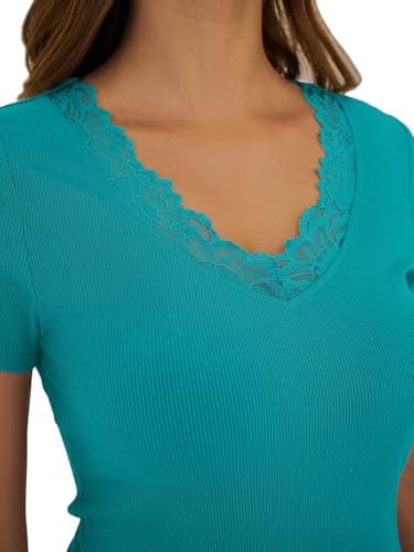 GKBK Ribbed Short Sleeve Tops for Women V Neck Lace Tops Going Out Fitted Tight Casual Basic Tee Shirts Spring Clothes 2026 Summer Fashion Outfits Ttendy Cyan - Thumbnail 4