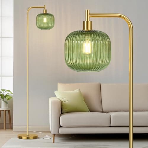 QiMH Glass Floor Lamp for Living Room, Modern Standing Lamp with Ribbed Glass Lampshade Pedal Switch, 67” Tall Lamp for Bedroom Study Room, Brushed Gold (2700K LED Bulb Included) - Image 1