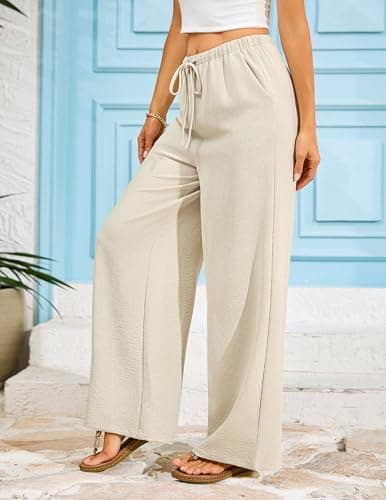 LOOKBOHO Women Flowy Pants Drawstring Waist Wide Leg Palazzo Beach Pants Loose Fit with Pockets Apricot XL - Thumbnail 6