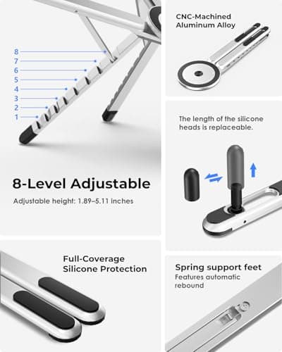Viozon Portable Laptop Stand for Desk, Foldable Adjustable Computer Riser with Magnetic Phone Holder, Aluminum Laptop Stand for 10–16” Laptops & 4–13” Phones/Tablets (Silver) - Thumbnail 5