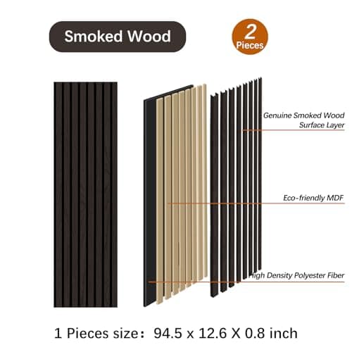 ARMURO Wood Panels for Wall, Wood Slat Wall Panel - 2 Pack, Black Wood Slats for Wall, Natural Smoked Wood Veneer Accent Wall Panels, Acoustic Slat Wood Wall Panels - 12.6" W x 94.5" L - Thumbnail 2