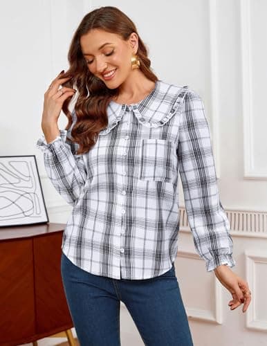 LOOKBOHO Women Spring Peter Pan Collar Shirts Long Sleeve Button Down Blouse, Puff Sleeve Lightweight Cotton Tops for Fall Summer, Elegant Work & Casual Wear Black Plaid Large - Thumbnail 2