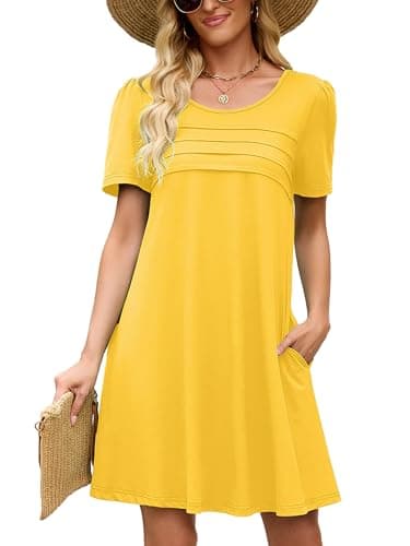 Heymoments Women's Short Sleeve Dress Crewneck Yellow Large Casual Loose Flowy Above Knee Length Sundress Business A Line Shirt Teachers Summer Novelty Dresses with Pockets - Image 1