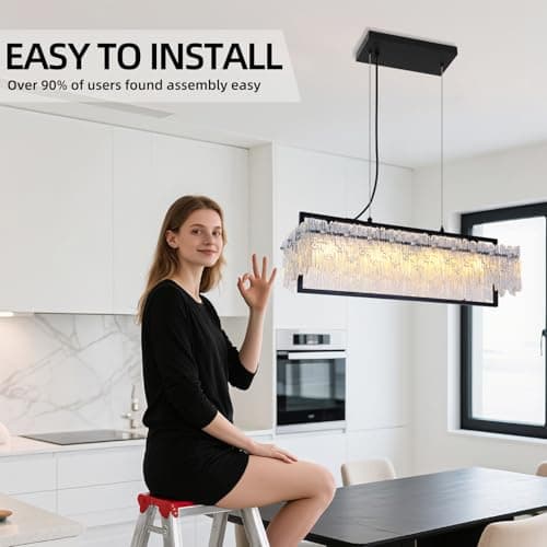 TYhogar Dining Room Light Fixture Modern Rectangle Black Crystal 4-Light Chandeliers for Dining Room 25" Linear Farmhouse Lighting Fixture for Kitchen Island Light Living Room - Thumbnail 6