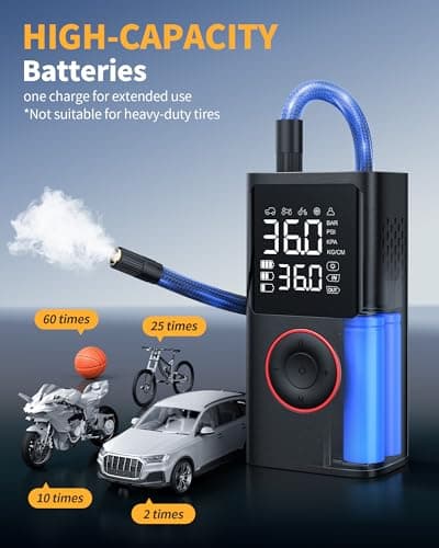 Powools Tire Inflator Portable Air Compressor, 150 PSI Cordless Bike Pump, Air Pump for Auto, Motorcycle, Bicycle, Balls with Pressure Gauge, LED Light & Car Accessories, Black, Standard Capacity - Thumbnail 3