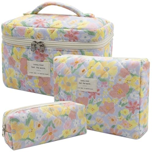 Gosect 3pc Makeup Bag Set, Quilted Makeup Bag Set, Large Floral Cosmetic Bag for Women, Cute Cotton Makeup Bags, Flower Travel Toiletry Organizer Bag (Large Flower) - Image 1