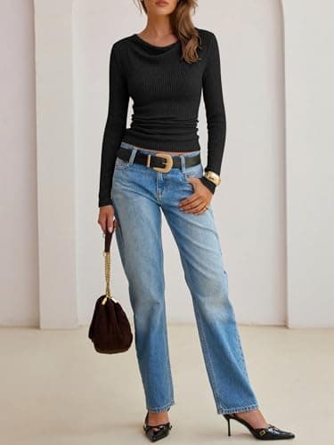 ANRABESS Womens Cowl Neck Long Sleeve Shirts,Soft Ribbed Knit Crop Tops with Side Ruched,Casual & Going Out Tshirts for Fall Black Large - Thumbnail 6