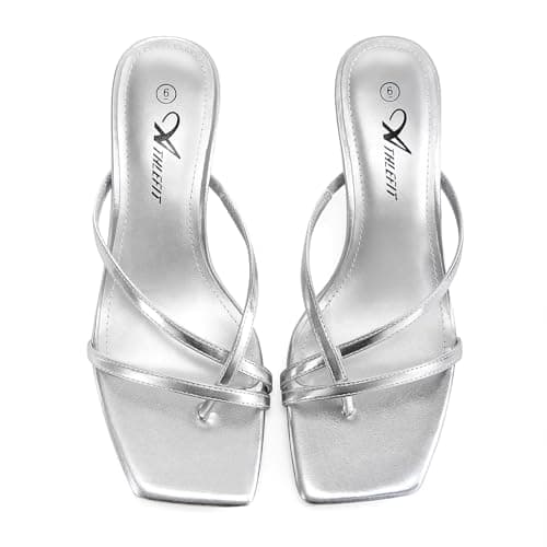 Athlefit Women's Strappy Kitten Heels Flip Flops Square Open Toe Low Heels Fashion Party Dress Shoes Thong Heeled Sandals Silver Size 6 - Thumbnail 6