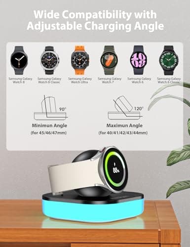 Charger Stand for Samsung Galaxy Watch Charger, Magnetic Nightstand Mode Charging Stand with Light & USB Cable for Watch 8/8 Classic/Ultra (2025)/Ultra/7/6/6 Classic/5/5 Pro/4/4 Classic/3/Active/FE - Thumbnail 3