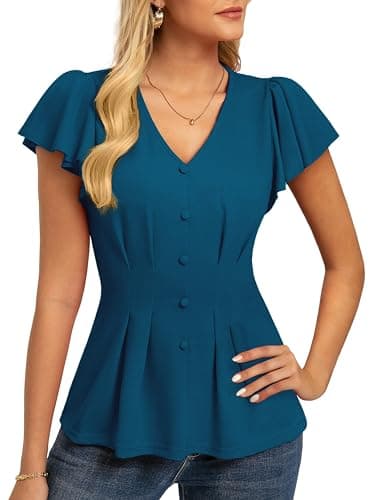 GRACE KARIN Summer Blouses for Women Dressy Casual, 2026 Ruffle Sleeve Peplum Tops, V Neck Business Work Shirts Blue M - Image 1