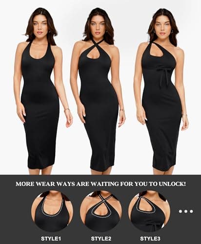 Popilush Shapewear Dress Halter Dress with Build in Shapewear Blue Casual Date Night Out Dress for 2024 Summer - Thumbnail 2