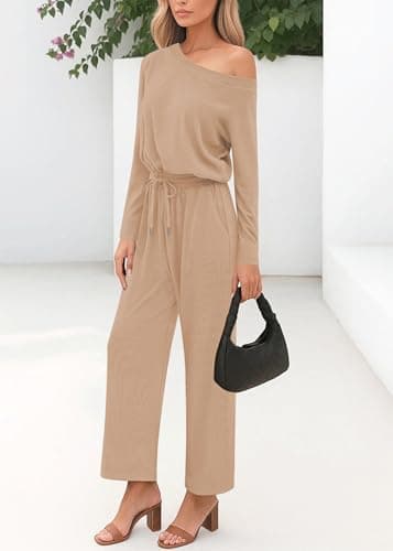 Lazysmile Jumpsuits For Women Dressy Long Sleeve Off Shoulder One Piece Wide Legs Rompers Casual Fall Outfits with Pockets - Thumbnail 4