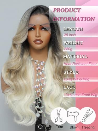 Barbique Highlight Blonde Synthetic Lace Front Wig for Women, Ombre Blonde Synthetic Wig 13x6 Hd Lace Front 26 Inch Long Wavy Heat Resistant Fiber Deep Parting, with Baby Hair Natural Hairline - Thumbnail 2