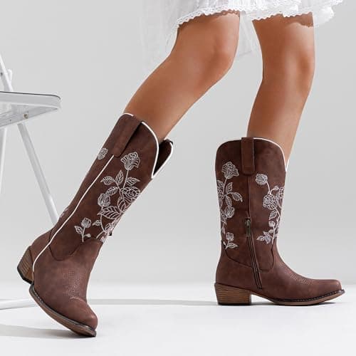 Jeossy Women's Cognac Cowboy Mid Calf Boots, Cute Boot with Embroidery Flower, Low Heel Western Cowgirl 9807 Boot, Comfy Riding Round Toe Boots with Side Zipper, Size 7.5 US(DJY9807 Cognac 07.5) - Thumbnail 2