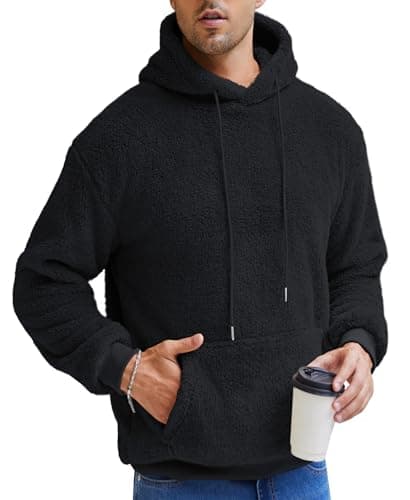 Aimeilgot Mens Fuzzy Sherpa Hoodie Pullover Sweatshirts Long Sleeve Lightweight Fleece Loose Cozy with Pocket Winter Hooded Outwear Black, Large - Thumbnail 4