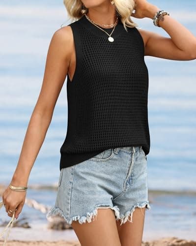 ATHMILE Summer Crochet Tank Tops for Women 2026 Casual Crewneck Hollow Out Loose Knit Sleeveless Sweater Vest Top Trendy Black - Thumbnail 3