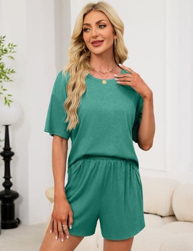 JUSTFASHIONNOW Womens Short Pajamas Set 2 Piece Lounge Set Women Stripe Short Sleeve Split Shorts Sets Casual Summer Shorts Sets Comfy Loungewear Outfits Green XXL - Thumbnail 3