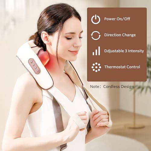 JoyLoop 3D Deep Tissue Neck and Shoulder Massager with Heat, Cordless Electric Shiatsu Back Massager, 6 Massage Nodes, 2 Wearable Modes, Portable for Office and Home Use - Thumbnail 3