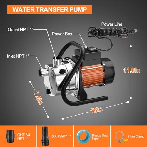 SHANGDA Water Transfer Pump 110V Shallow Well Pump 1.6HP 1800GPH Electric Portable Garden Pressure Booster Pumps for Sprinkler Irrigation Lawn with Adapters, Orange - Thumbnail 6