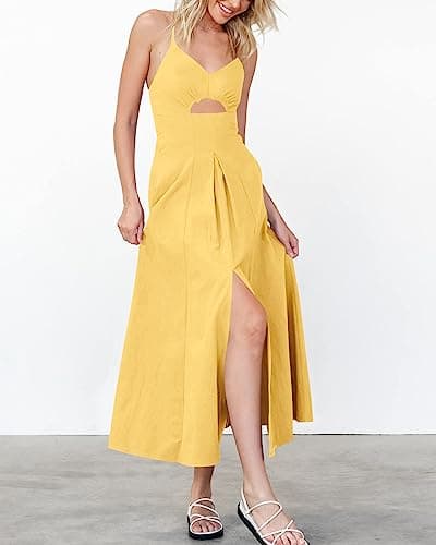 BTFBM Women 2026 Spaghetti Strap Midi Summer Dresses Sleeveless V Neck Cutout Slit Casual Beach Party Maxi Dress Pockets(Yellow, Large) - Thumbnail 4