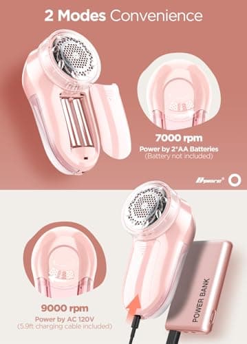 Fabric Shaver, Lint Remover, Bymore Lint Shaver Defuzzer Sweater Shaver for Clothes and Furniture AC Adapter or Battery Operated Pill Fuzz Remover (Pink) - Thumbnail 5