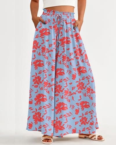 BTFBM Women Casual High Waist Wide Leg Pants 2026 Spring Summer Long Palazzo Pants Pocket Lounge Beach Vacation Clothes(Print Light Blue Red, Small) - Thumbnail 2
