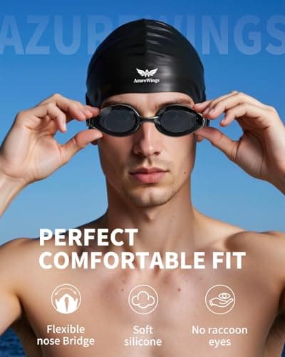 AzureWings Swim Goggles + Swim Cap Women Men Adult Kit, Anti-Fog UV No Leak - Upgraded HD Racing Goggles Swimming for Men & Women, Black-Smoke + Cap - Thumbnail 2