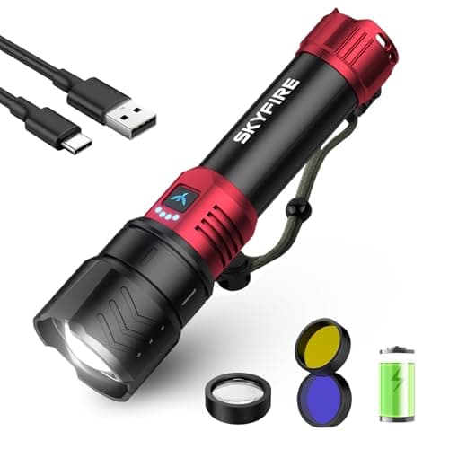 SKYFIRE LED Flashlights High Lumens with Ignition Lens,3000lm Super Bright Rechargeable Flashlight,Zoomable,4 Modes,Waterproof Tactical Flash Light for Camping Essentials,Outdoor and Home,Gift