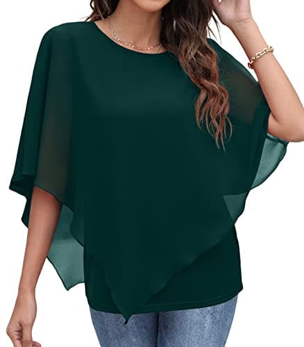 QIXING Womens Loose Casual Batwing Sleeve Lightweight Dressy Chiffon Plus Size Student Tops Blouse Dark Green-XX-Large - Image 1