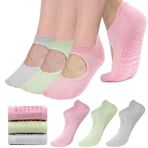 pilates socks with grips for women yoga socks for women non slip dance socks pure barre socks yoga sets ballet grip socks socks with grips (US, Alpha, One Size, Regular, Regular, 3, grey green pink) - Image 1